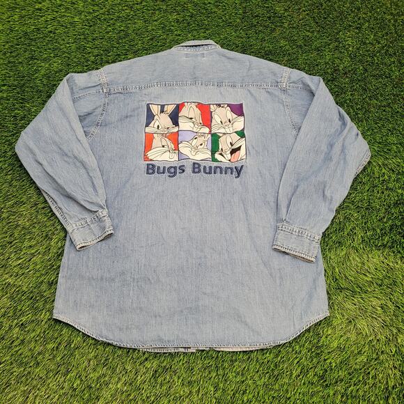 Vintage 1995 Bugs-Bunny Denim Shirt L/XL 23x30 Looney-Tunes - Picture 1 of 16